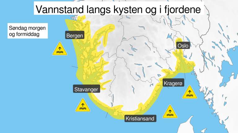 Kart som viser farevarsel om høy vannstand søndag morgen og formiddag.
