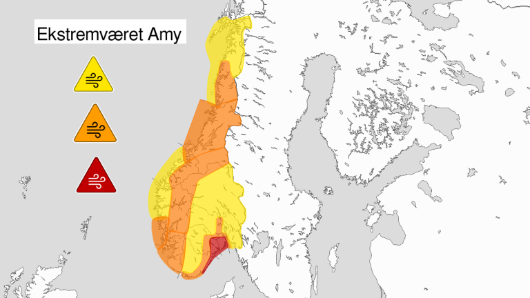 Kart som viser oppdatert farevarselområde for Amy per 4.10.