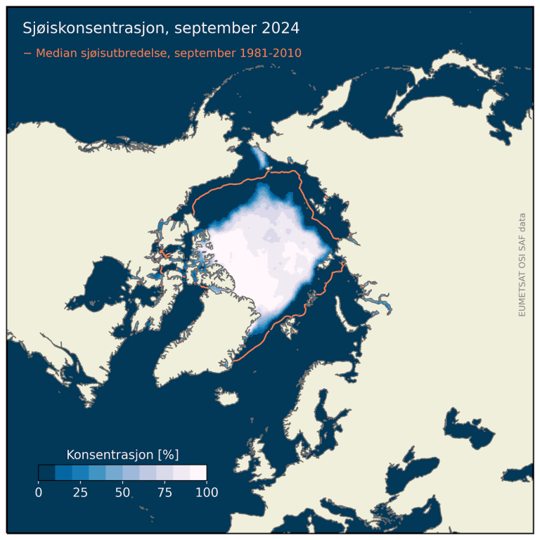 Kart over Arktis som beskriver endringer i sjøiskonsentrasjonen 