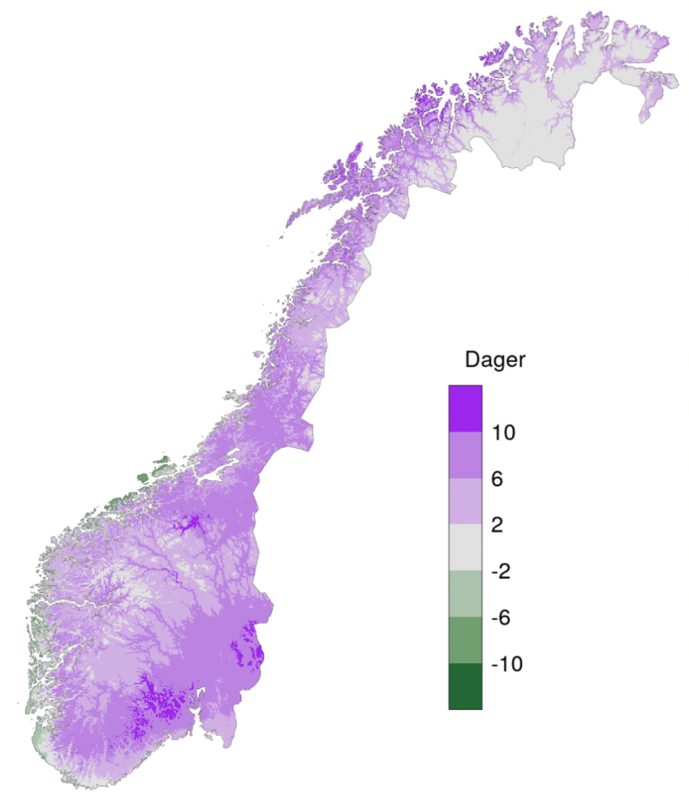 Kart av Norge med store lilla områder. 