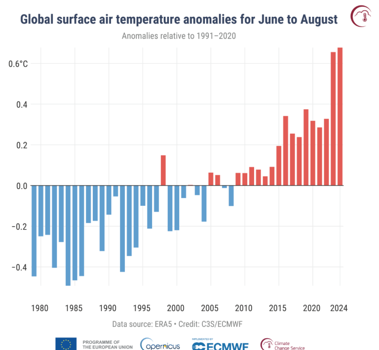 Grafen viser årlige globale avvik år for år sammenlignet med 1991-2020-normalen. Illustrasjon: Copernicus