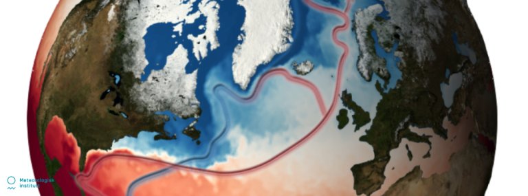 Den røde linjen viser overflatestrømmen som frakter varmt og salt vann nordover. Den blå linjen viser den kalde returstrømmen som går langs østkysten av Grønland og Canada, og fortsetter sørover.
