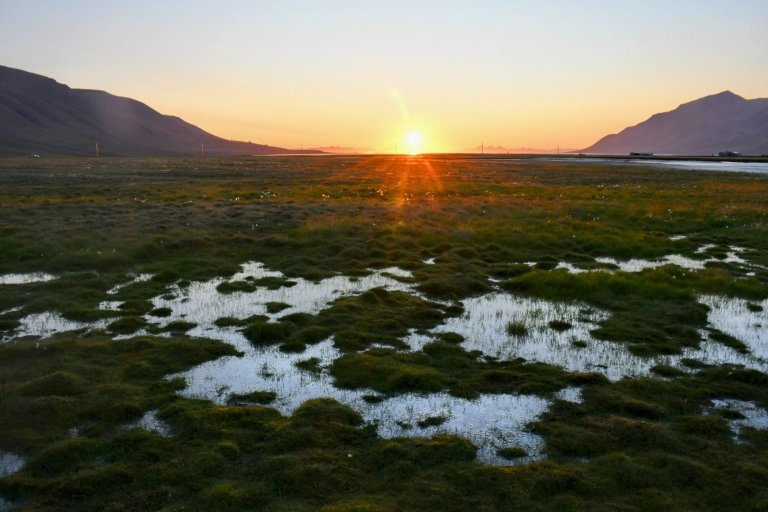 Bildet viser at det har oppstått mange små dammer på Svalbard som følge av tinende permafrost. 