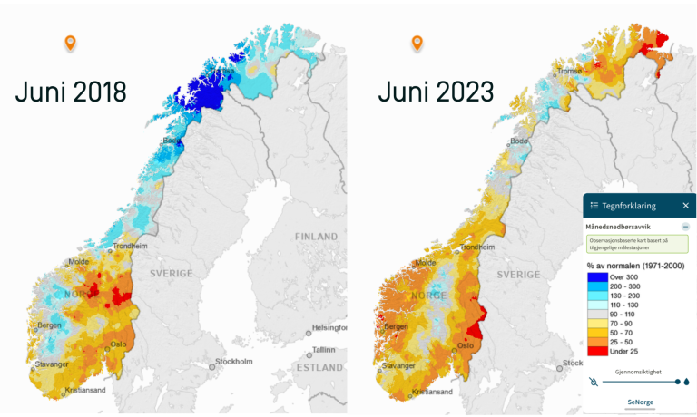 To kart over Norge ved siden av hverandre som viser nedbøravvik i 2018 og 2023. Juni 2018 viser er blåere i nord, mens juni 2023 er generelt mer orange, tørrere.