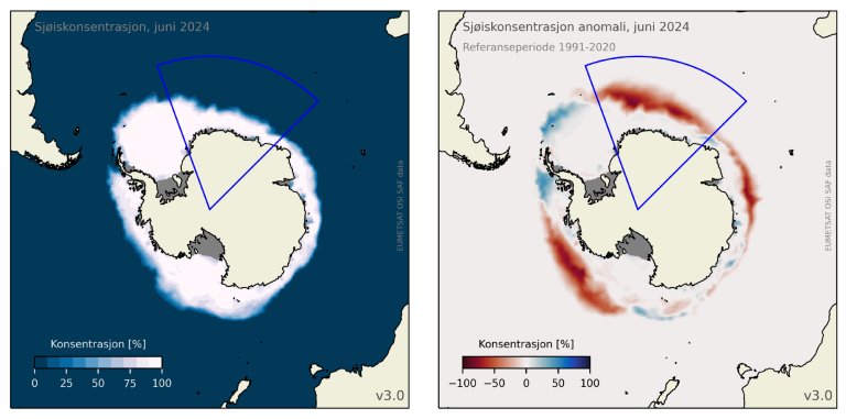 Kart som viser sjøiskonsentrasjon i Antarktis i juni 2024.