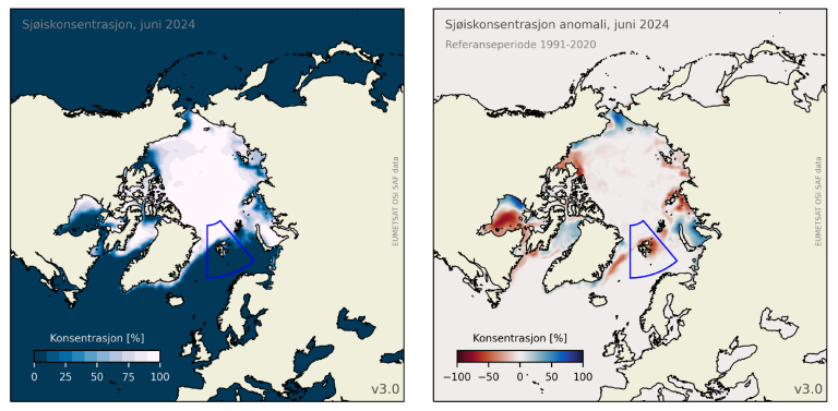 Kart med sjøiskonsentrasjon i Arktis