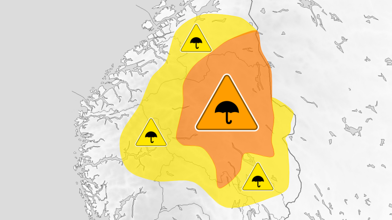 Området som omfattes av farevarselet om regn