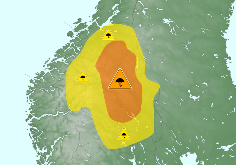 Oppdatert kart over området som omfattes av farevarselet om regn 9 september