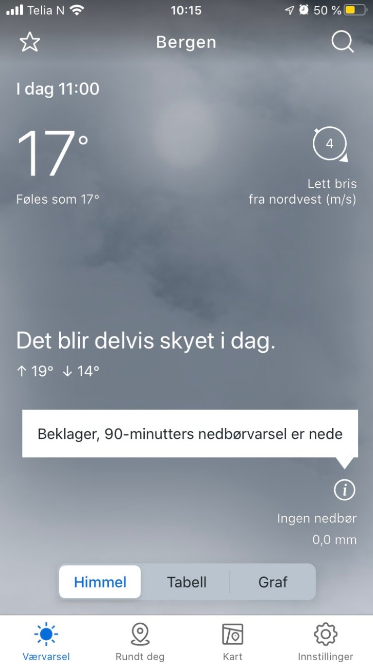 Slik ser informasjonsmeldingen ut på Yr-appen (iPhone). Den dukker opp når nedbørvarselet ikke fungerer.