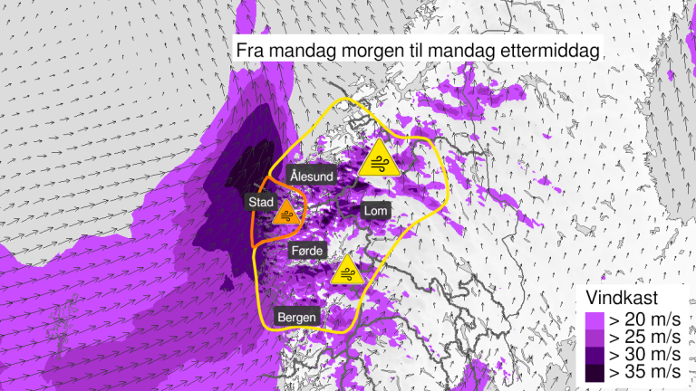 Området som omfattes av farevarselet mandag morgen til mandag ettermiddag.