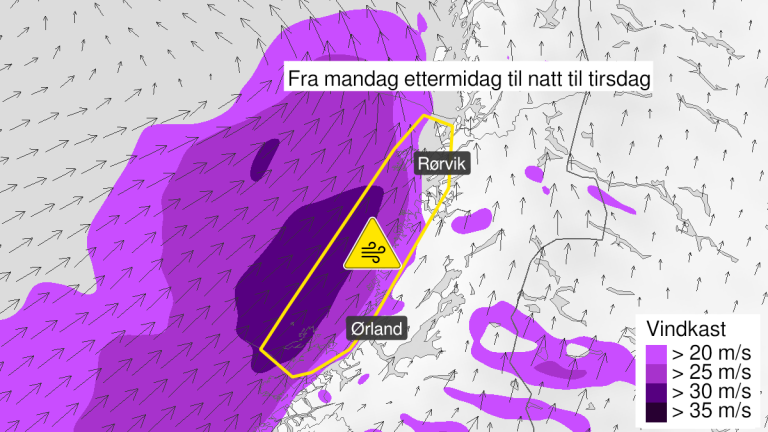 Den nordlige delen av farevarselet mandag ettermiddag til natt til tirsdag