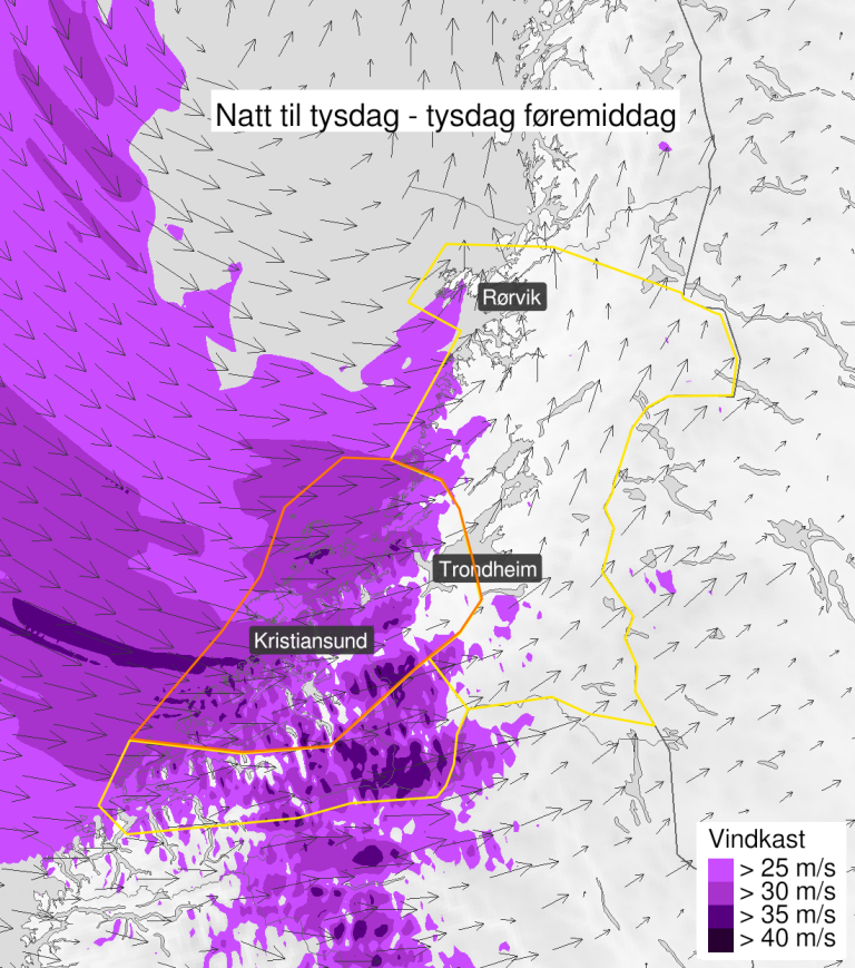 Kart over Møre og Romsdal og Trøndelag, et lille felt som rammer Kristiansund og innover viser hvor vinden vil treffe.