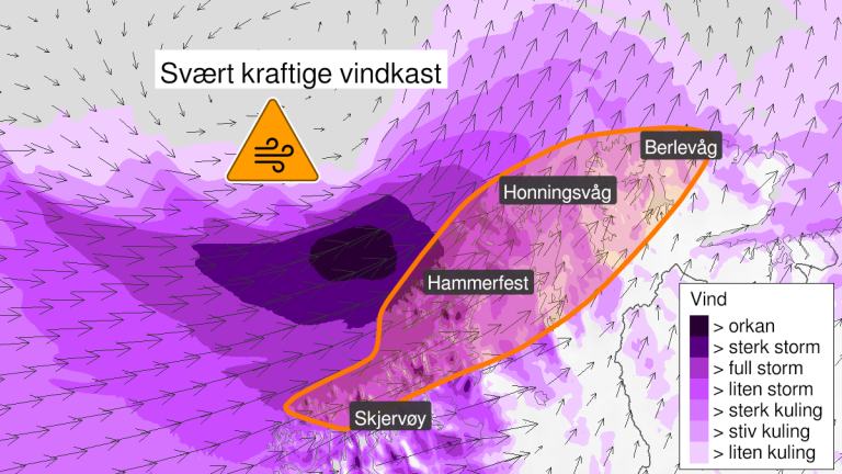 Kartet viser området som er omfattet av farevarselet om svært kraftige vindkast.