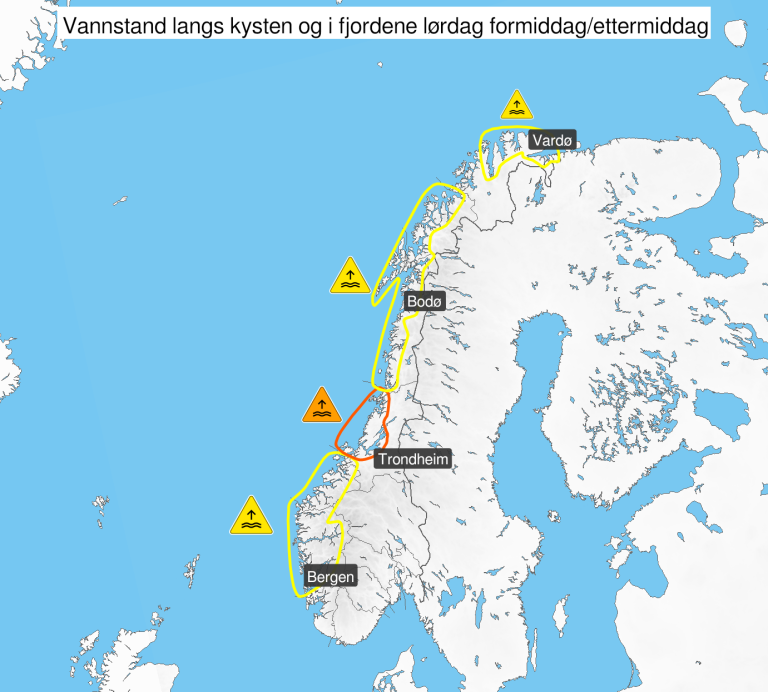 Illustrasjonen som viser det første varselet om høy vannstand som vil påvirke kysten fra Bergen til Vardø, med oransje farevarsel for Trøndelag og Møre og Romsdal.