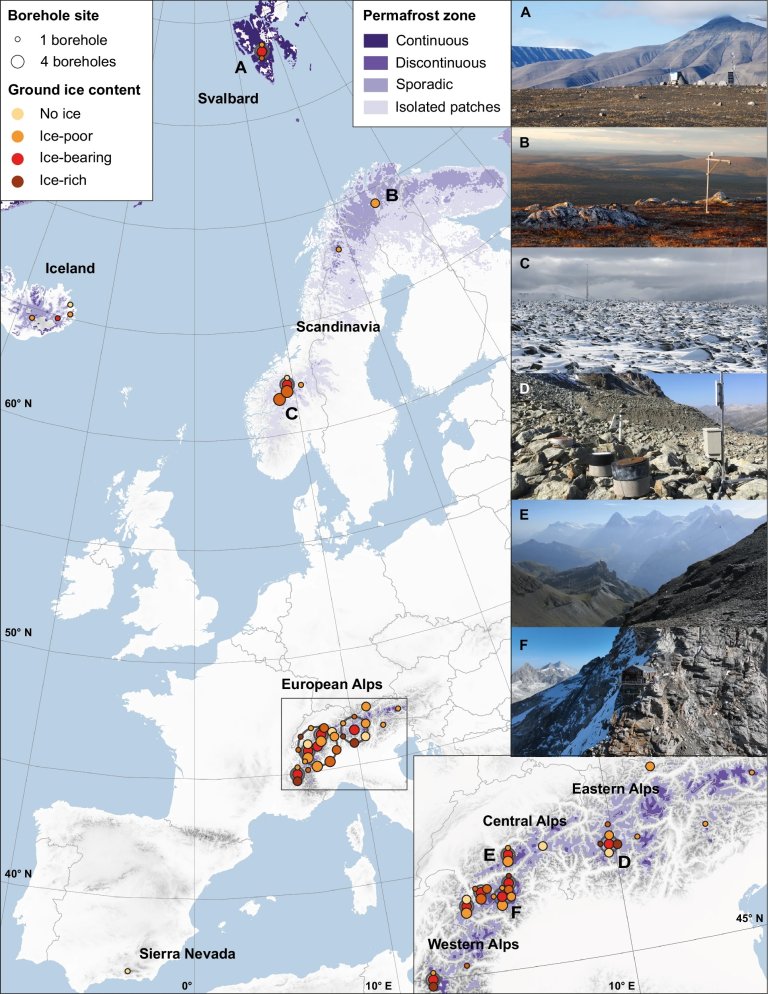 Kart med markeringer over områder med permafrost og bilder fra et utvalg steder plassert på siden under hverandre.