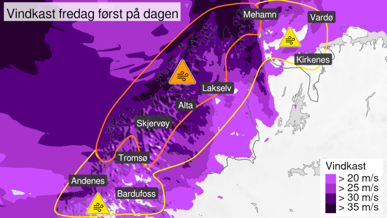 Kart over områder som har gult og oransje farevarsel om kraftig vind