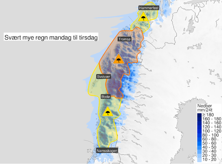 Kart som viser det oransje farevarselet. Fra nord for Tromsø til nord litt nord for Bodø. Det er gult farevarsel fra Bodø ned til Namsskogen.