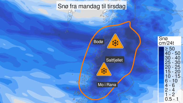 Kartet viser området som er omfattet av det oransje farevarselet